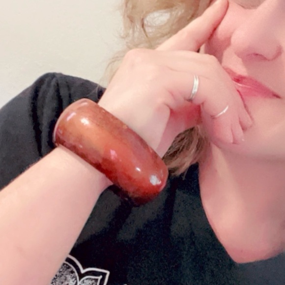 Firery Amber Wide Bangle Bracelet Handcrafted Epoxy Resin Jewelry - Picture 7 of 13